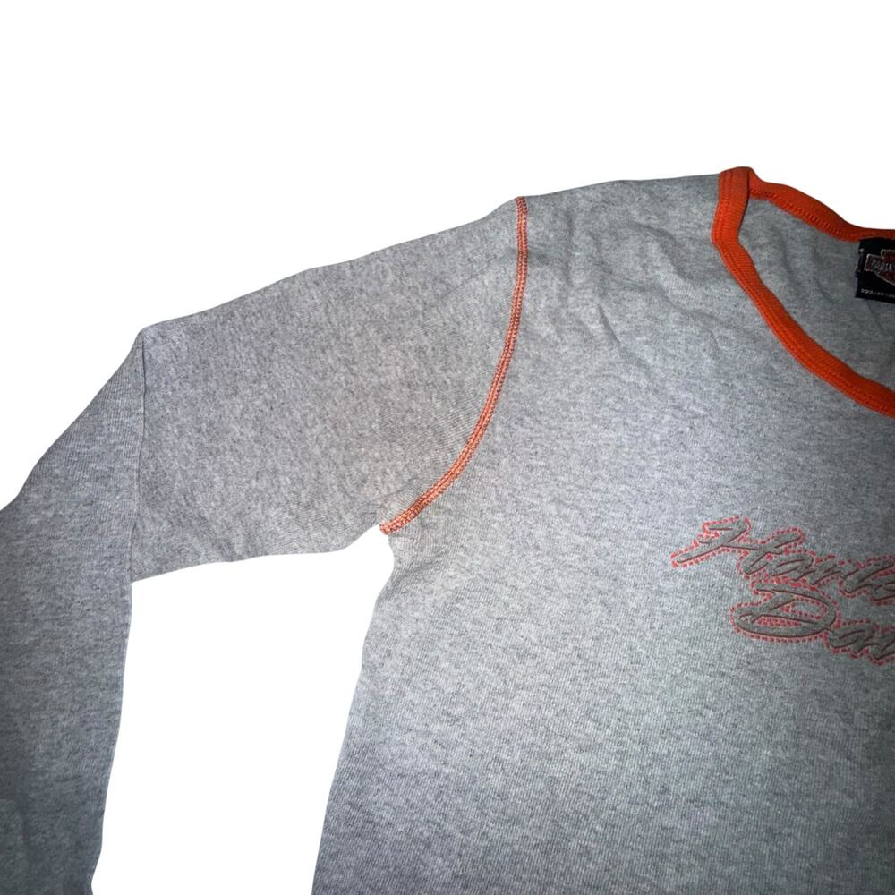Harley-Davidson Women’s Gray Long Sleeve V-Neck T Shirt Orange Trim Tacoma WA LG - Picture 7 of 10